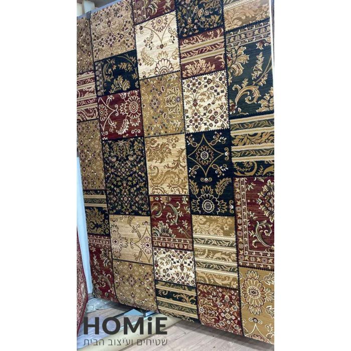 שטיח סלון פרסי קלאסי דגם אפולו, טלאים פרחוניים עם מדליון, צבעים אדום, כחול ובז' - מוצג בשלמותו