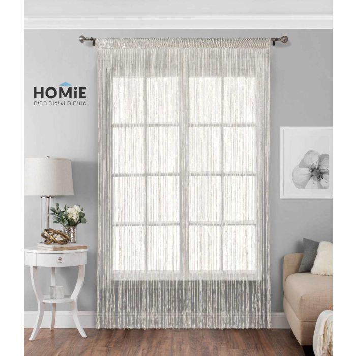 וילון חוטים בז' דקורטיבי מודרני כפרי דגם טנזניה 03. הוילון הנפלא והיוקרתי יתאים לסלון, חדר שינה, חדר ילדים, חדר משפחה ואורחים, מטבח, פינת אוכל, חדר עבודה, משרד, גן ילדים, בית ספר, מתנ"ס ואולמות אירועים.