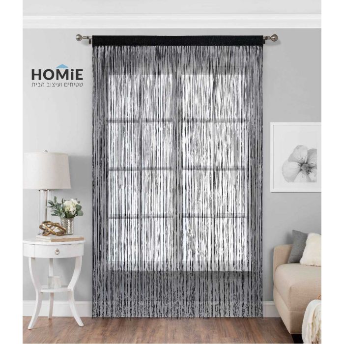 וילון חוטים שחור דקורטיבי מודרני כפרי דגם טנזניה 05. הוילון הנפלא והיוקרתי יתאים לסלון, חדר שינה, חדר ילדים, חדר משפחה ואורחים, מטבח, פינת אוכל, חדר עבודה, משרד, גן ילדים, בית ספר, מתנ"ס ואולמות אירועים. 