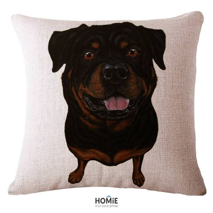 כרית נוי מדליקה ואיכותית לסלון, לחדר שינה, לחדר ילדים ושאר חלל הבית דגם כלב רוטווילר.