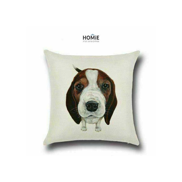 כרית נוי מדליקה ואיכותית לסלון, לחדר שינה, לחדר ילדים ושאר חלל הבית דגם כלב ביגל בצבע חום, בז' ולבן. 