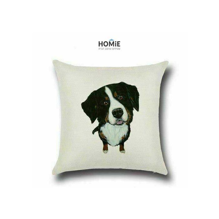 כרית נוי מדליקה ואיכותית לסלון, לחדר שינה, לחדר ילדים ושאר חלל הבית דגם כלב ברניז (ברנר זננהונד) בצבע שחור, בז' ולבן. 