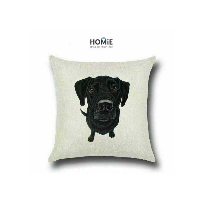 כרית נוי מדליקה ואיכותית לסלון, לחדר שינה, לחדר ילדים ושאר חלל הבית דגם כלב לברדור שחור. 