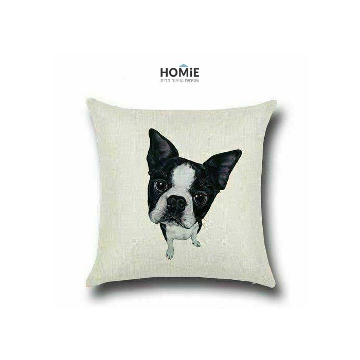 כרית נוי מדליקה ואיכותית לסלון, לחדר שינה, לחדר ילדים ושאר חלל הבית דגם כלב בוסטון טרייר בצבע שחור לבן. 