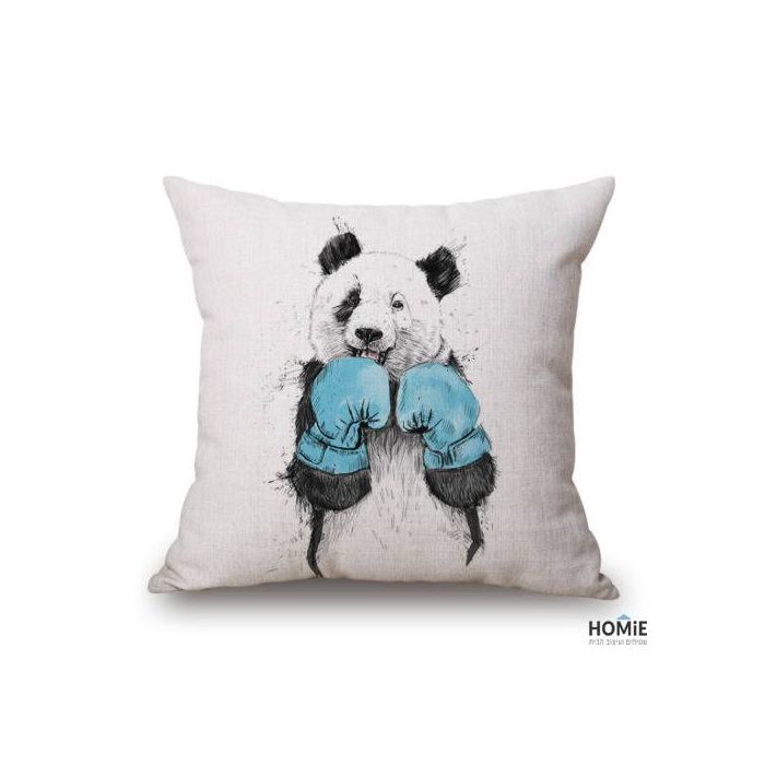 כרית נוי מדליקה ואיכותית לסלון, לחדר שינה, לחדר ילדים ושאר חלל הבית דגם דוב פנדה מתאגרף. 