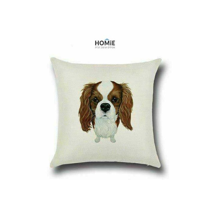 כרית נוי מדליקה ואיכותית לסלון, לחדר שינה, לחדר ילדים ושאר חלל הבית דגם כלב קבליר קינג צ'ארלס ספנייל בצבע חום אוף וויט.