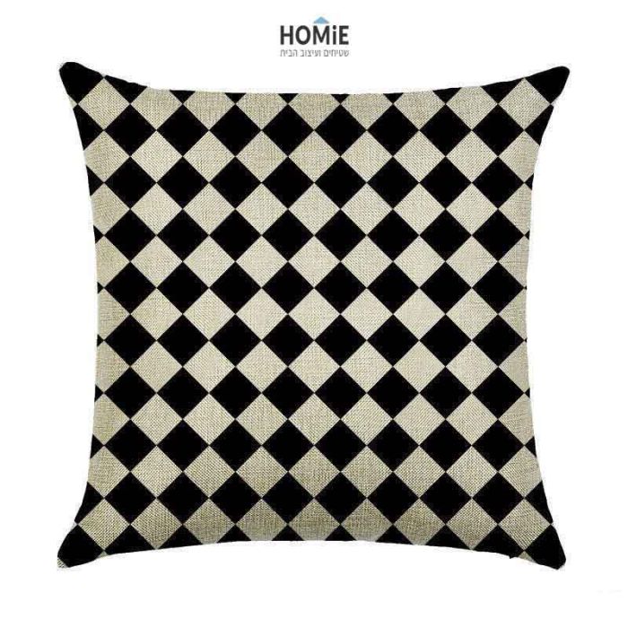 כרית נוי גיאומטרית מדליקה ואיכותית לסלון, לחדר שינה, לחדר ילדים ושאר חלל הבית דגם דמקה בצבע שחור ואוף וויט