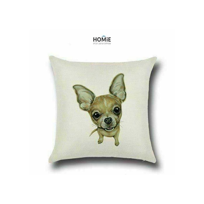 כרית נוי מדליקה ואיכותית לסלון, לחדר שינה, לחדר ילדים ושאר חלל הבית דגם כלב צ'יוואווה בצבע בז'. 