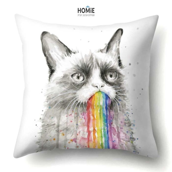 כרית נוי מדליקה ואיכותית לסלון, לחדר שינה, לחדר ילדים ושאר חלל הבית דגם חתול גראמפי קאט צבעוני. הכרית תכניס המון שיק, סטייל והומור לחלל החדר