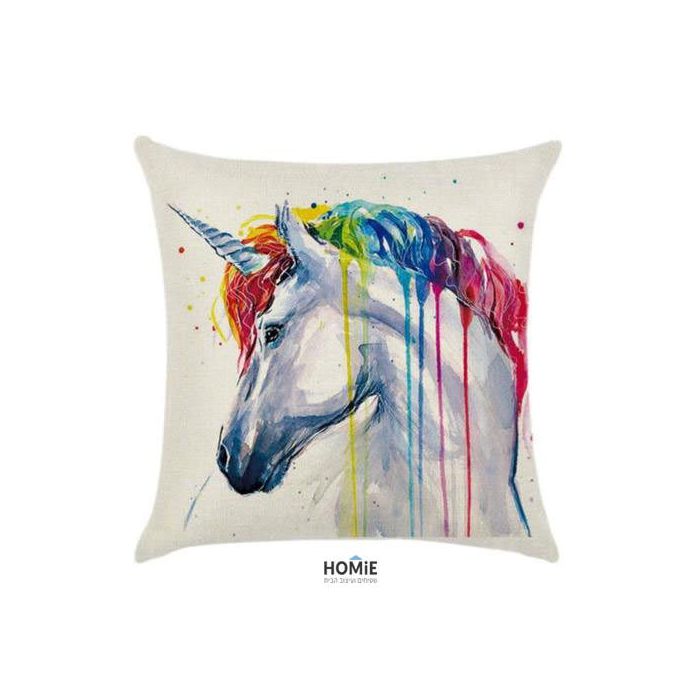 כרית נוי מדליקה ואיכותית לסלון, לחדר שינה, לחדר ילדים ושאר חלל הבית דגם סוס חד-קרן צבעוני. הכרית תכניס המון שיק וסטייל לחדר