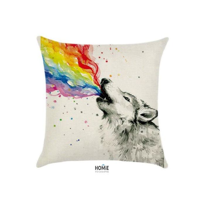 כרית נוי מדליקה ואיכותית לסלון, לחדר שינה, לחדר ילדים ושאר חלל הבית דגם זאב צבעוני. הכרית תכניס המון שיק וסטייל לחלל החדר