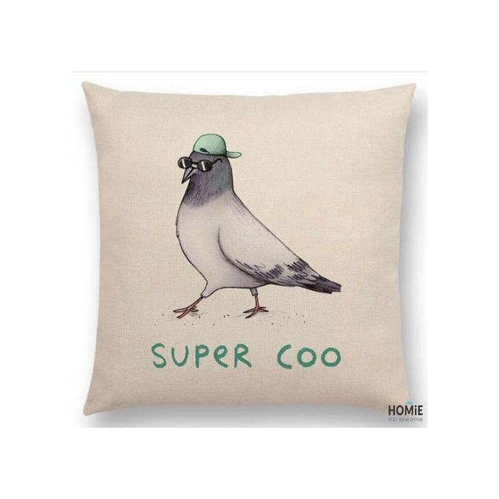 כרית נוי מדליקה ואיכותית לסלון, לחדר שינה, לחדר ילדים ושאר חלל הבית דגם יונה מגניבה בצבע טורקיז ואפור.