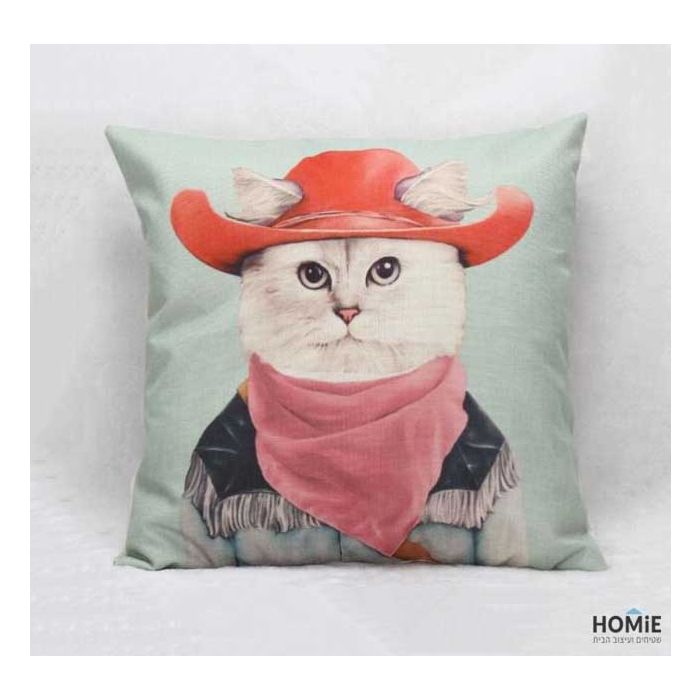 כרית נוי מודרנית מדליקה ואיכותית דגם חתול קאובוי לסלון, לחדר שינה, לחדר ילדים ושאר חלל הבית.