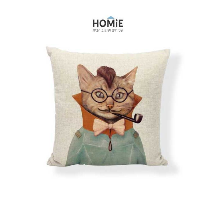 כרית נוי מדליקה ואיכותית לסלון, לחדר שינה, לחדר ילדים ושאר חלל הבית דגם חתול דוכס בצבע חום, בז' וטורקיז. 