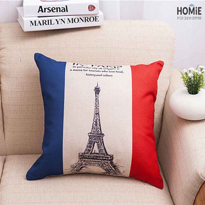 כרית נוי מדליקה ואיכותית לסלון, לחדר שינה ושאר חלל הבית דגם מגדל אייפל פריז צרפת בצבע אדום, לבן וכחול