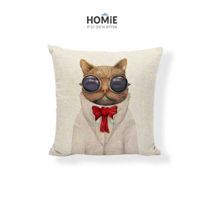 כרית נוי מדליקה ואיכותית לסלון, לחדר שינה, לחדר ילדים ושאר חלל הבית דגם חתול אלביס פרסלי בצבע חום, בז', אדום וסגול. 