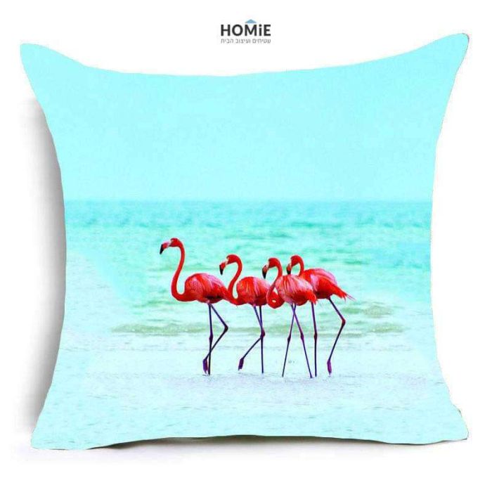 כרית נוי צבעונית, מדליקה ואיכותית לסלון, לחדר שינה, לחדר ילדים ושאר חלל הבית דגם פלמינגואים בים בצבע ורוד וטורקיז.