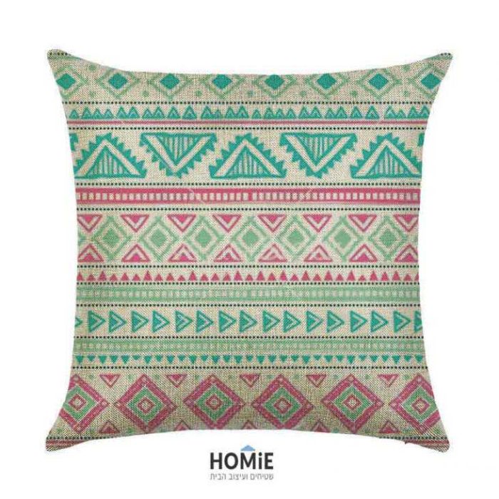 כרית נוי גיאומטרית מדליקה ואיכותית לסלון, לחדר שינה, לחדר ילדים ושאר חלל הבית בצבע ורוד, טורקיז וירוק. 