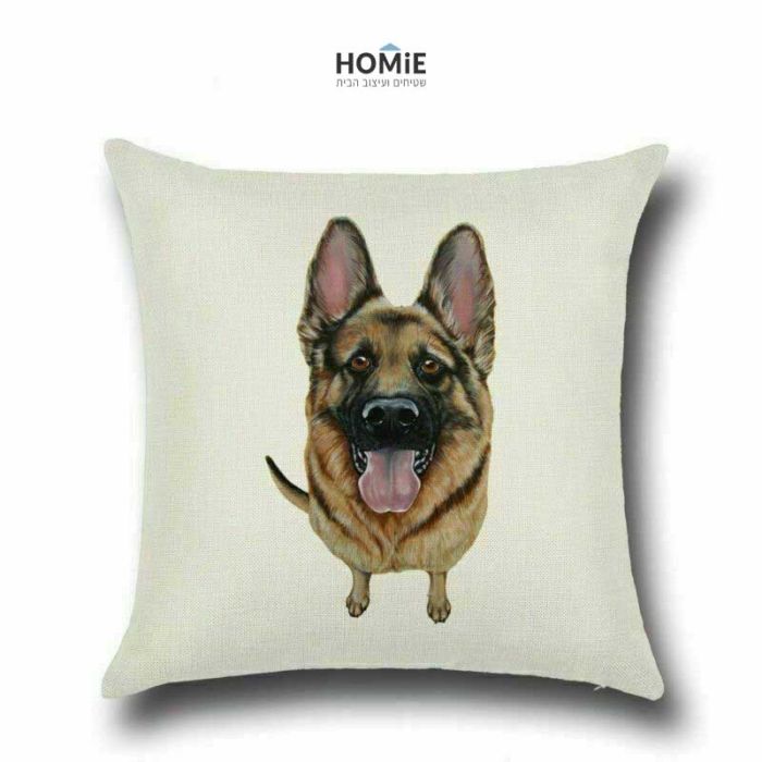 כרית נוי מדליקה ואיכותית לסלון, לחדר שינה, לחדר ילדים ושאר חלל הבית דגם כלב (זאב) רועה גרמני בצבע בז' שחור.