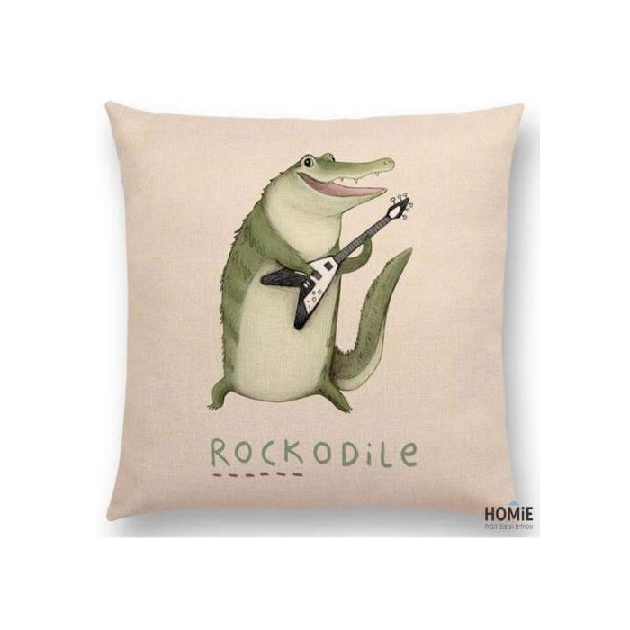 כרית נוי מדליקה ואיכותית לסלון, לחדר שינה, לחדר ילדים ושאר חלל הבית דגם קרוקודיל גיטריסט בצבע ירוק. 