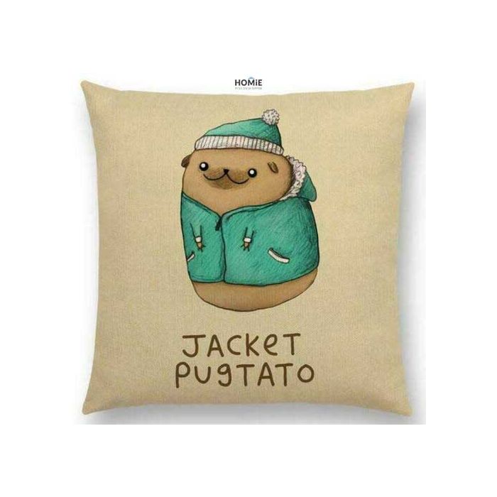 כרית נוי מדליקה ואיכותית לסלון, לחדר שינה, לחדר ילדים ושאר חלל הבית דגם כלב פאג מבצע טרנספורמציה לתפו"א בצבע טורקיז בז'. 