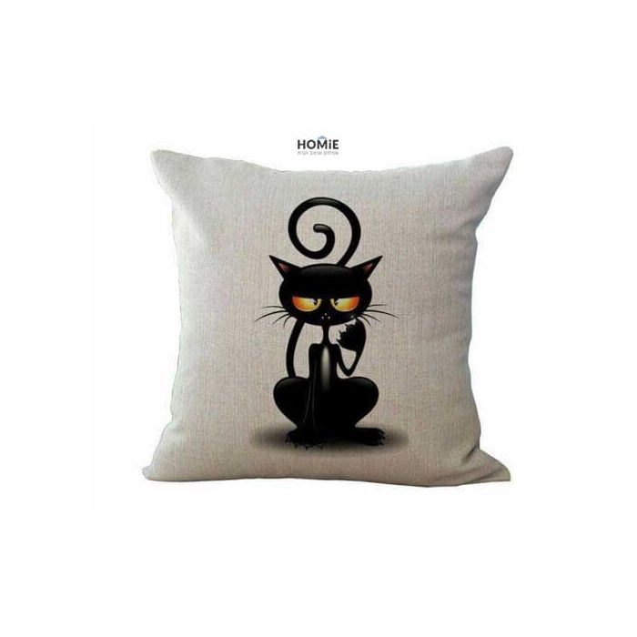 כרית נוי מדליקה ואיכותית לסלון, לחדר שינה, לחדר ילדים ושאר חלל הבית דגם חתול זומם בצבע אוף וויט ושחור. 