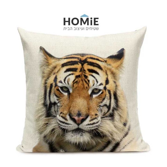 כרית נוי לסלון, לחדר שינה, לחדר ילדים ושאר חלל הבית דגם טיגריס בצבע בז', שחור ושמנת.