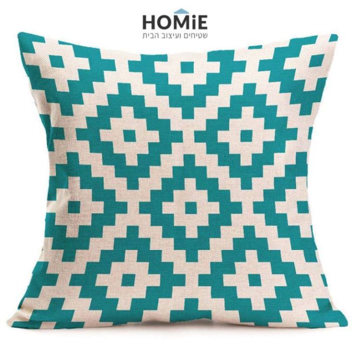 כרית נוי גיאומטרית מדליקה ואיכותית לסלון, לחדר שינה ושאר חלל הבית דגם מעויינים טורקיז