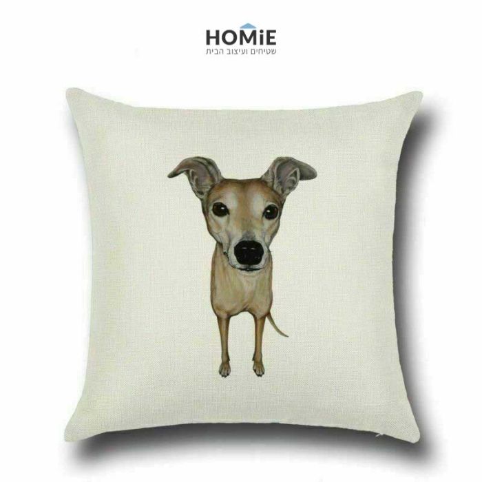 כרית נוי מדליקה ואיכותית לסלון, לחדר שינה, לחדר ילדים ושאר חלל הבית דגם כלב וויפט בצבע בז'. 