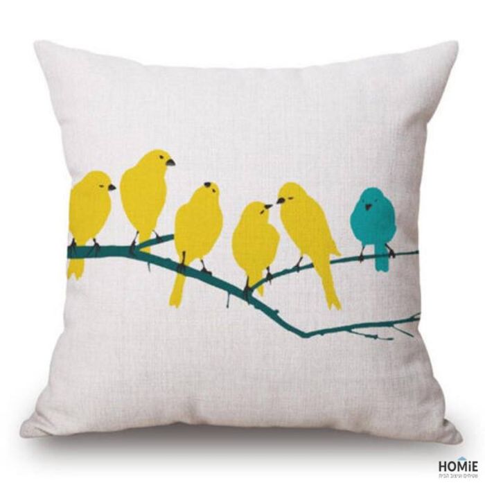 כרית נוי מודרנית מדליקה ואיכותית לסלון, לחדר שינה, לחדר ילדים ושאר חלל הבית דגם ציפורים צהובות. 