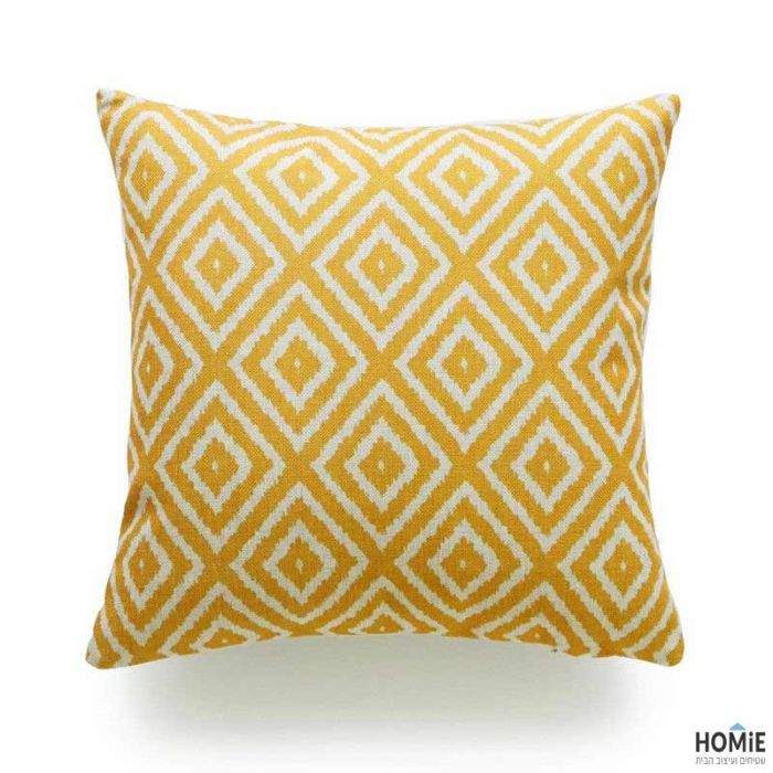 כרית נוי גיאומטרית מדליקה ואיכותית לסלון, לחדר שינה ושאר חלל הבית דגם מעויינים צהוב 01.