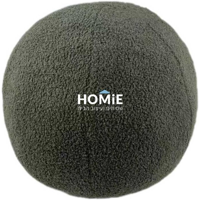 כרית נוי עגולה (כדור) דקורטיבית חלקה בוקלה ירוק מרווה דגם איתן. הכרית תתאים לסלון ושאר הבית.