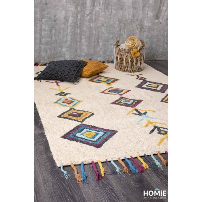 שטיח כותנה גיאומטרי שבטי (אתני) צבעוני מעויינים עבודת יד דגם מארלי. 