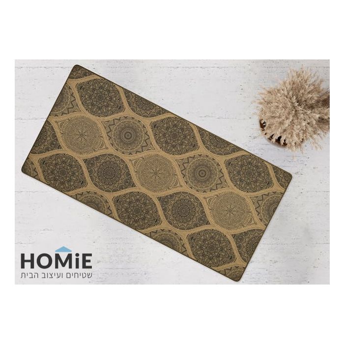 שטיח גומי טבעי למטבח רטרו דקורטיבי גיאומטרי מדליונים חום דגם מדריד 15. 