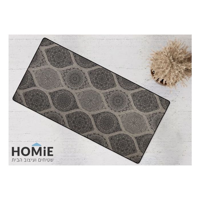 שטיח גומי טבעי למטבח רטרו דקורטיבי גיאומטרי מדליונים אפור דגם מדריד 11. 