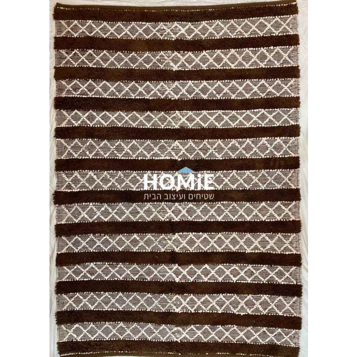 שטיח בוהו וינטג' גיאומטרי מעויינים כותנה עבודת יד חום שמנת דגם מונטויה 03. השטיח המודרני הכפרי (נורדי-סקנדינבי) היוקרתי משתלב נהדר בסלון, חדר שינה, חדר ילדים, מסדרון, אמבטיה, חדר אורחים, פינת ישיבה, פינת אוכל, חדר עבודה ומשרד. 