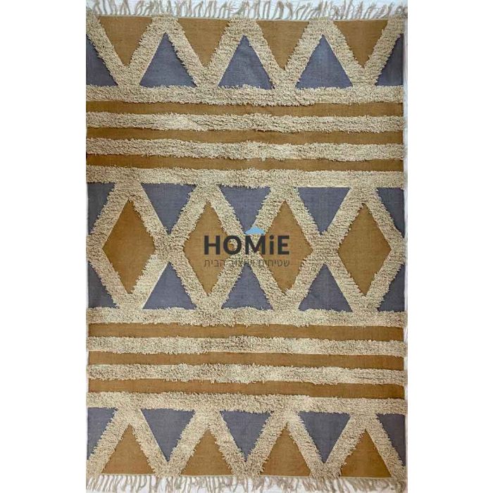 שטיח בוהו וינטג' גיאומטרי מעויינים כותנה עבודת יד חרדל כחול דגם מונטויה 01. השטיח המודרני הכפרי היוקרתי משתלב נהדר בסלון, חדר שינה, חדר ילדים, מסדרון, אמבטיה, חדר אורחים, פינת ישיבה, פינת אוכל, חדר עבודה ומשרד. 