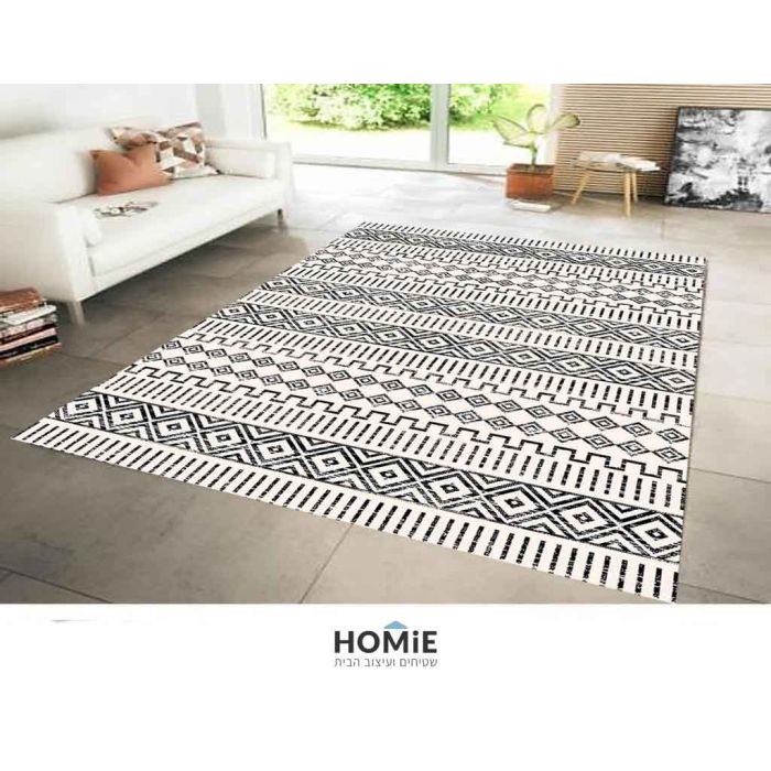 שטיח וינטג' גיאומטרי שבטי מעויינים לבן שחור דגם ג'וליה 62A. השטיח המיוחד בסגנון הנורדי סקנדינבי כפרי (ברבר מרוקאי) מתאים לסלון, לחדר שינה, לחדר ילדים, לאמבטיה, למטבח, למסדרון, לפינת אוכל, לפינת משחקים, לחדר עבודה ולמשרד. 