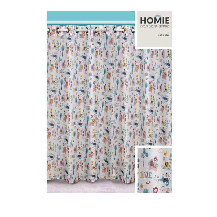 וילון לחדר ילדים עם הדפס חיות צבעוניות על בד שקוף למחצה.
