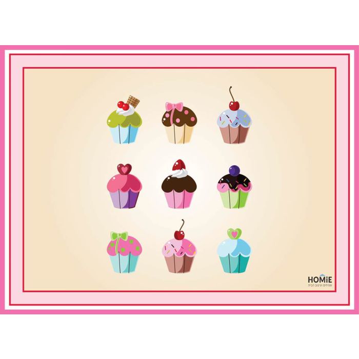 שטיח ויניל צבעוני איכותי פי וי סי (PVC) לינולאום בהדפסה איכותית עם שכבה נגד החלקה דגם קאפקייקס צבעוניים.