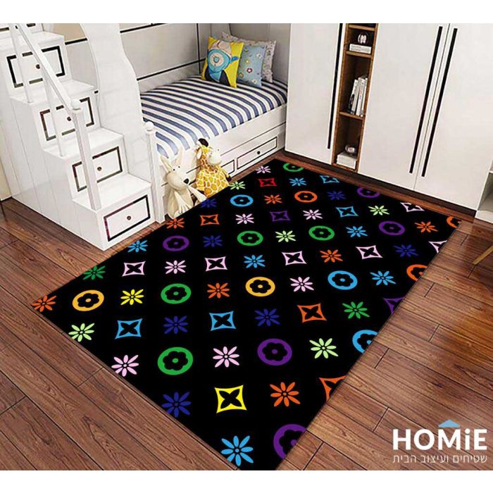 שטיח לחדר ילדים דגם צורות צבעוניות רקע שחור. השטיח מתאים גם לבתי ספר וגני ילדים. 
