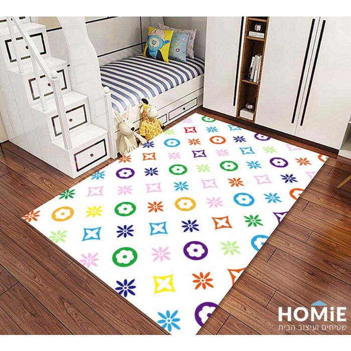 שטיח לחדר ילדים דגם צורות צבעוניות רקע לבן. השטיח מתאים גם לבתי ספר וגני ילדים. 