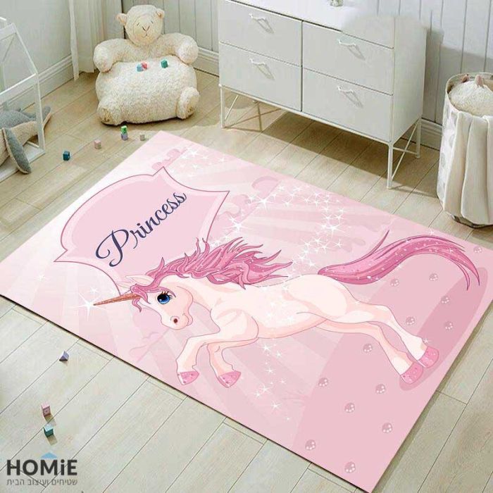 שטיח מודרני לחדר ילדים דגם חד-קרן נסיכה בצבע ורוד. 