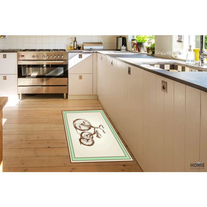 שטיח ויניל איכותי פי וי סי (PVC) לינולאום בהדפסה איכותית עם שכבה נגד החלקה דגם אופניים וינטג' בצבע חום וטורקיז. 