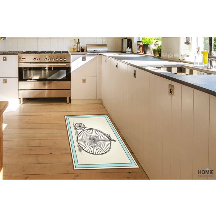 שטיח ויניל איכותי פי וי סי (PVC) לינולאום בהדפסה איכותית עם שכבה נגד החלקה דגם אופניים גדולות וינטג' בצבע חום וטורקיז.