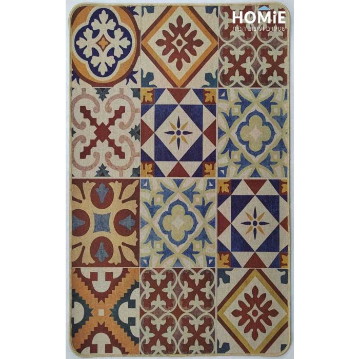 שטיח גומי למטבח וינטג' גיאומטרי אקלקטי טלאים מנדלות צבעוניות דגם קוויבק 39. 