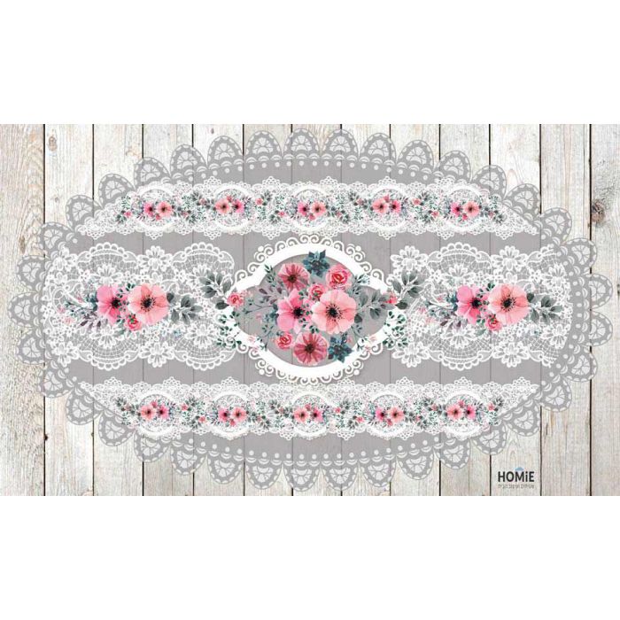 שטיח ויניל איכותי ודקורטיבי למטבח עשוי פי וי סי (PVC) לינולאום בהדפסה איכותית עם שכבה נגד החלקה דגם תחרה אפורה. 