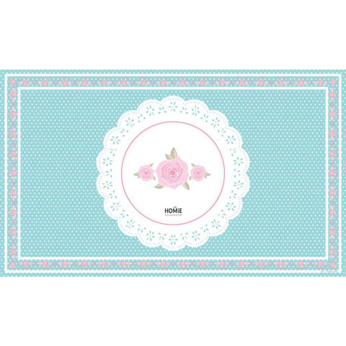 שטיח ויניל איכותי ודקורטיבי למטבח עשוי פי וי סי (PVC) לינולאום בהדפסה איכותית עם שכבה נגד החלקה דגם תחרה תכלת.