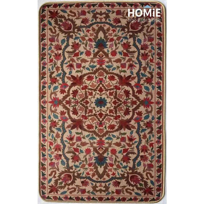 שטיח גומי וינטג' פרחוני דגם קוויבק 02, מוצג במלואו, עם מדליון ומנדלה צבעונית בסגנון רטרו מודרני