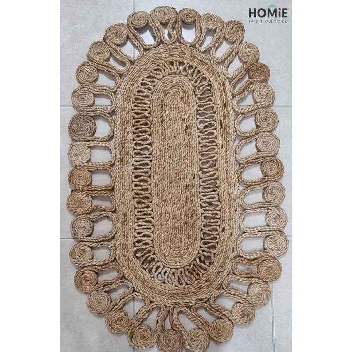 שטיח חבל (יוטה) טבעי אובלי (אליפסה) עבה דקורטיבי עבודת יד דגם ולנסיה 1801. השטיח המודרני-קלאסי מתאים לסלון, לחדר שינה, לחדר ילדים, לחדר/פינת משחקים, לחדר אורחים, למסדרון, לאמבטיה, למטבח, לפינת אוכל, לחדר עבודה, לגינה, לגן ילדים, לבית ספר ולמשרד.